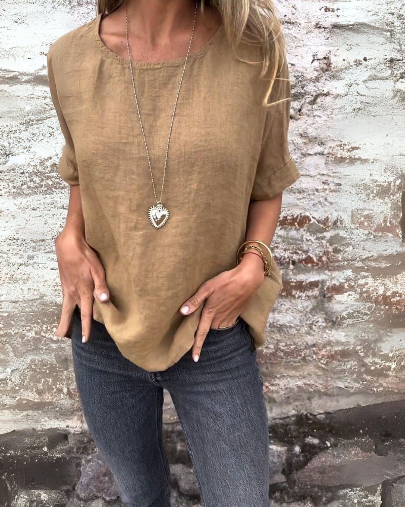 Michella - Round Neck Cotton and Linen T-Shirt