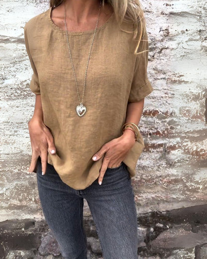 Michella - Round Neck Cotton and Linen T-Shirt