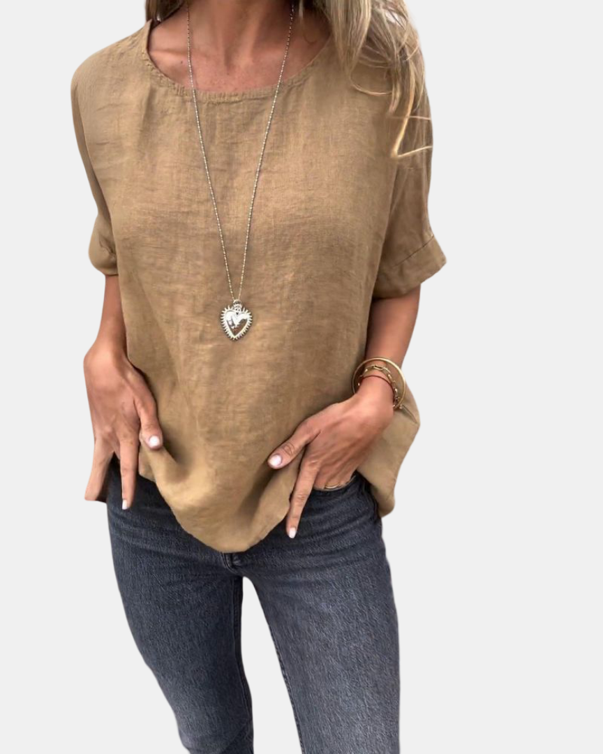 Michella - Round Neck Cotton and Linen T-Shirt