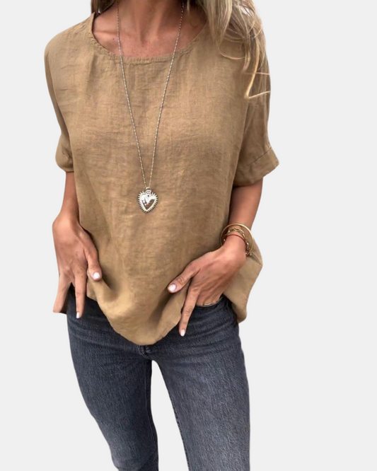 Michella - Round Neck Cotton and Linen T-Shirt